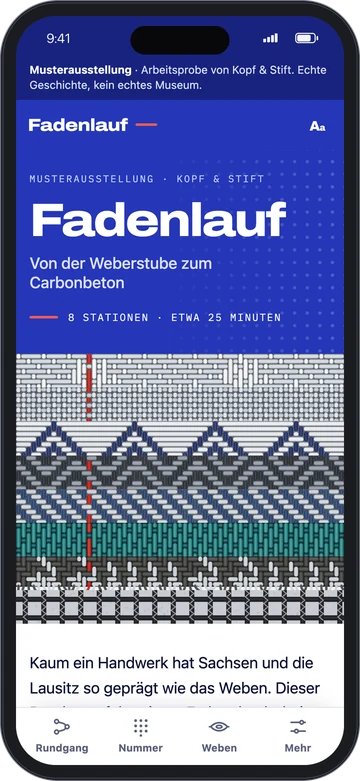 Fadenlauf auf dem Handy: Startbildschirm mit acht Stationen über einem Streifen aus Webmustern