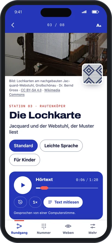 Fadenlauf auf dem Handy: Station „Die Lochkarte“ mit Bild, Fassungswahl und Hörtext