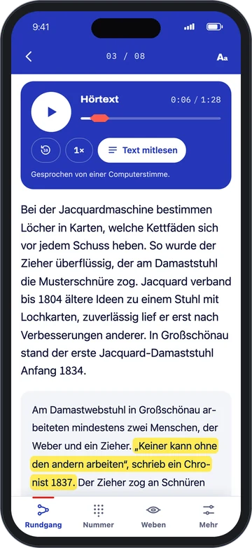 Fadenlauf auf dem Handy: Hörtext zum Mitlesen, der gesprochene Satz ist markiert
