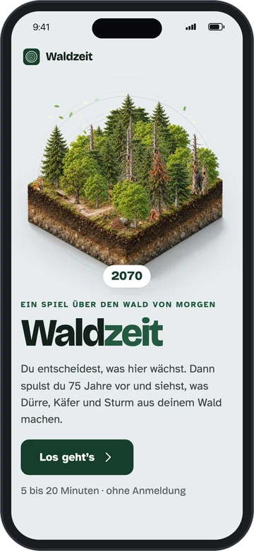 Waldzeit auf dem Handy: Startbildschirm mit dem Waldstück als Miniatur-Diorama