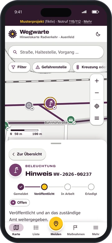 Wegwarte auf dem Handy: ein Hinweis mit Vorgangsnummer und Verlauf