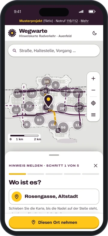 Wegwarte auf dem Handy: Hinweis melden, Schritt 1 von 5, der Ort kommt von der Karte